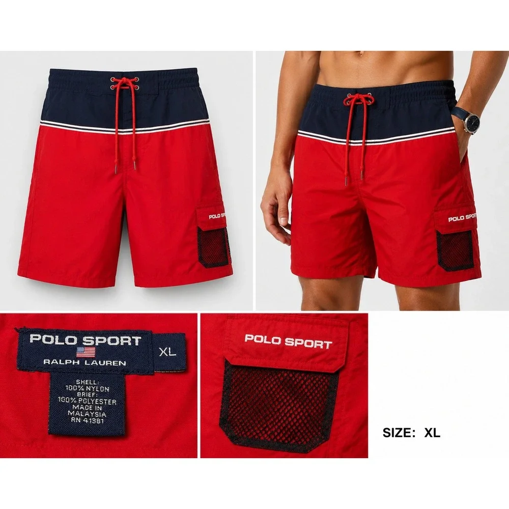 Polo Sport Ralph Lauren Swim Trunks Mens XL Red Navy Blue Cargo Mesh Pocket